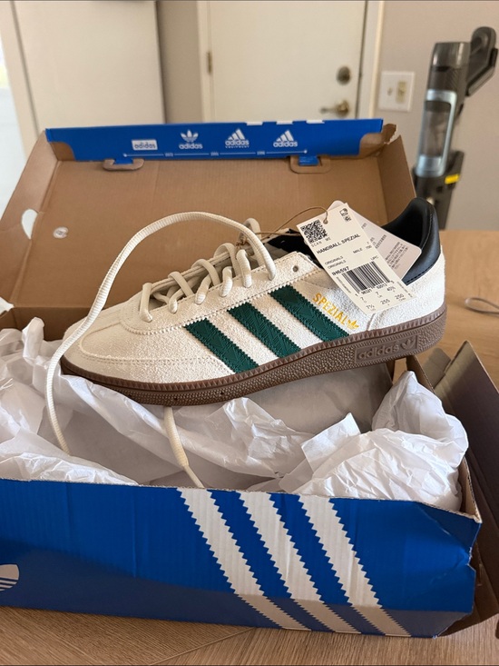 adidas Shoes - adidas Spezial Cream Suede Sneakers with Green Stripes
